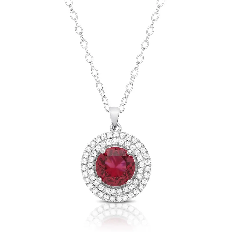 Leaf motif necklaces-Dolce Giavonna Sterling Silver Simulated Rhodolite and CZ Circle Necklace