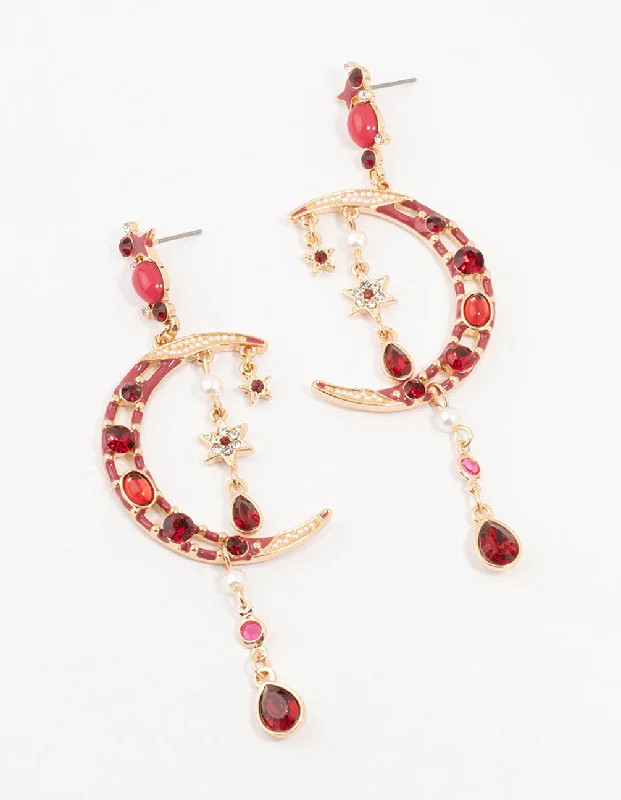 Smooth drop earrings-Gold Celestial Red  Stone Drop Earrings