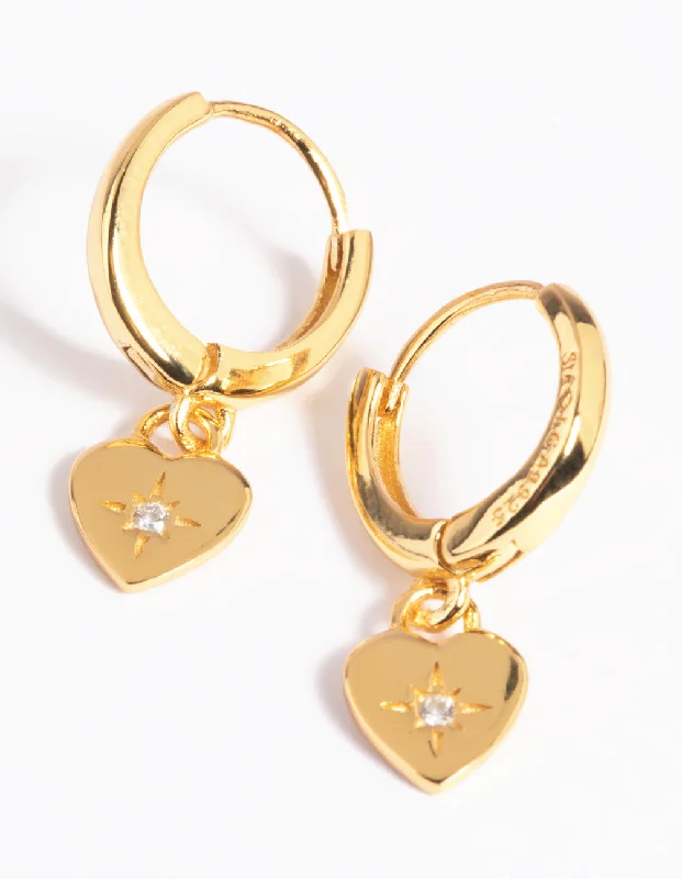 Pure gem earrings-Gold Plated Sterling Silver Heart Diamante Huggie Hoop Earrings