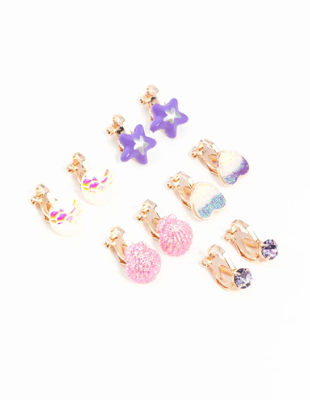 Tide drop earrings-Kids Rose Gold Mermaid Clip-On Earring 5-Pack