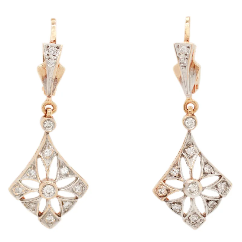 Reef knot earrings-Antique Art Deco 0.60ctw Diamond Rhombus Earrings - Drop Dangle - 14k Rose Gold