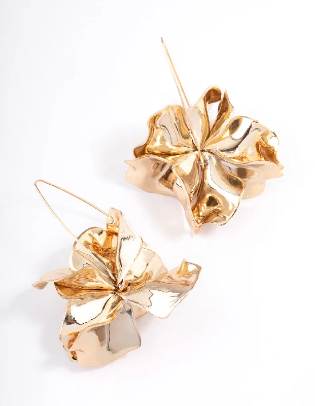 Retro clip earrings-Gold Frosted Flower Drop Earrings