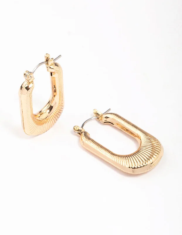 Light clay earrings-Gold Ribbed Rectangular Hoop Earrings