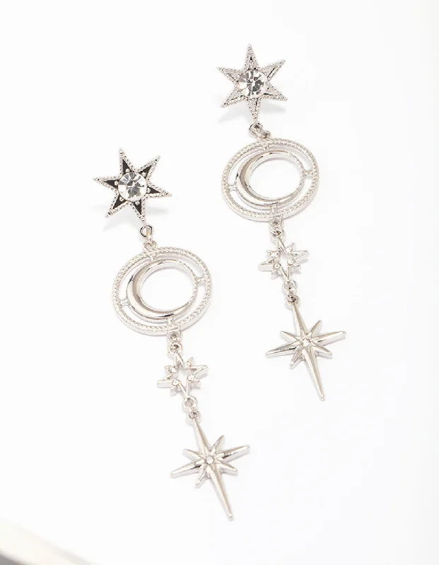 Alloy metal earrings-Silver Celestial Long Drop Earrings