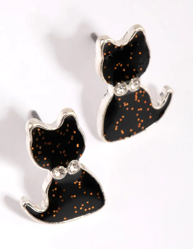 Cotton cord earrings-Silver & Black Glitter Cat Stud Earrings