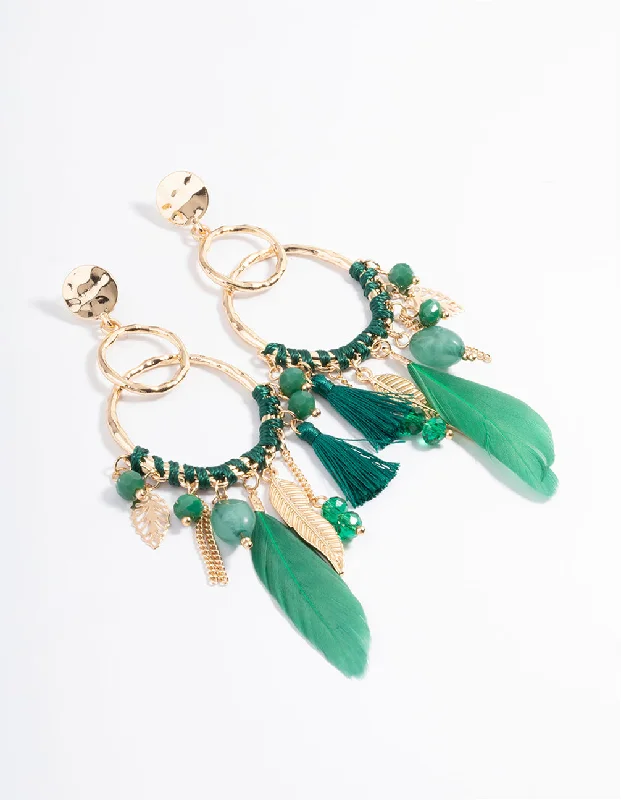 Victorian style earrings-Gold Thread Bead Green Feather Earrings