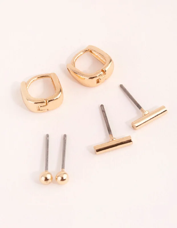 Patina brass earrings-Gold Geometric Stud & Huggie Earring Pack