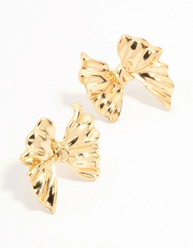 Mystic eye earrings-Gold Plated Ribbed Bow Earrings