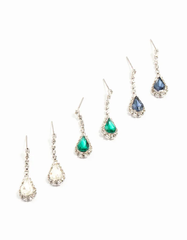 Agate drop earrings-Silver Teardrop Diamante Drop Earrings 3-Pack