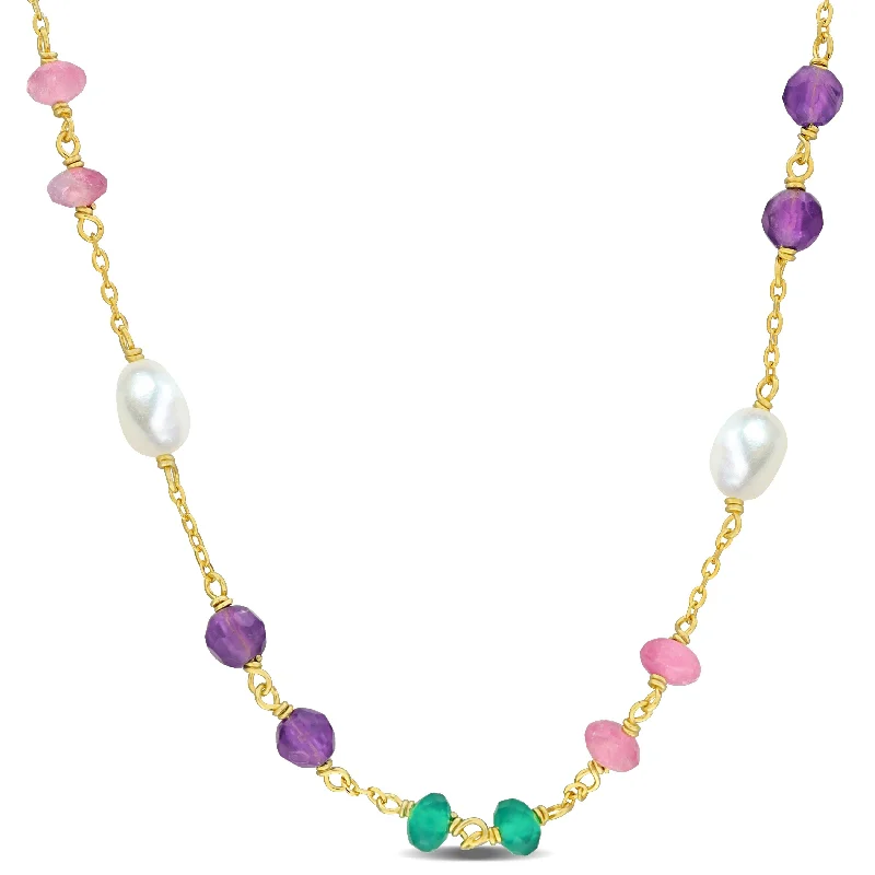 High gloss necklaces-Miadora 4 5/8ct TGW Amethyst Green Onyx Pink Tourmaline Cultured Freshwater Pearl Necklace in Yellow Silver-17+2in