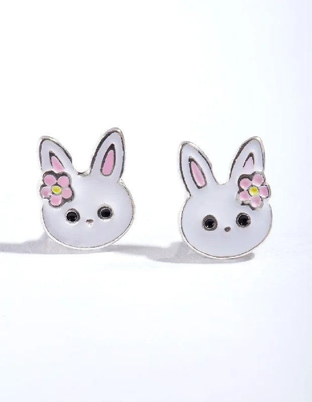 Spinel earrings-Silver Cute Bunny Stud Earrings