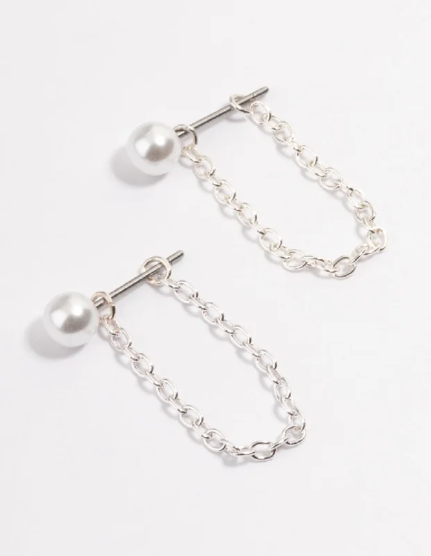 Pure gem earrings-Silver Pearl Chain Front & Back Earrings