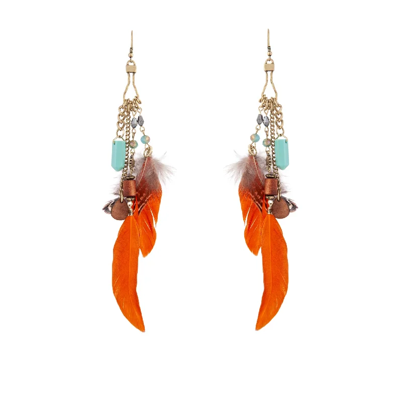 Silk fringe earrings-Multicoloured Feather Chain Drop Earrings