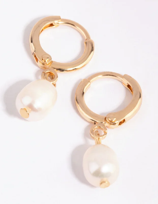 Thin hoop earrings-Gold Freshwater Pearl Huggie Earrings