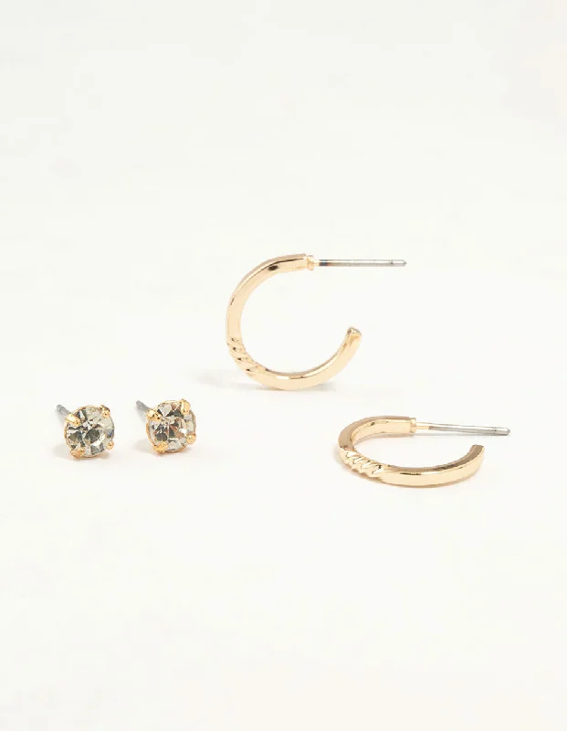 Shiny gold earrings-Gold Diamante Stud & Plain Hoop Earrings 2-Pack