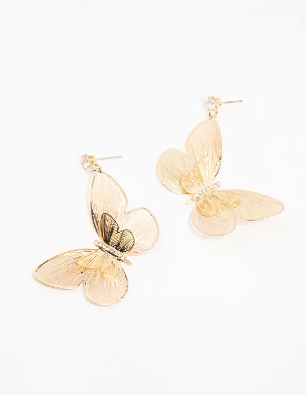 Large hoop earrings-Gold Lazercut Butterfly Drop Earrings