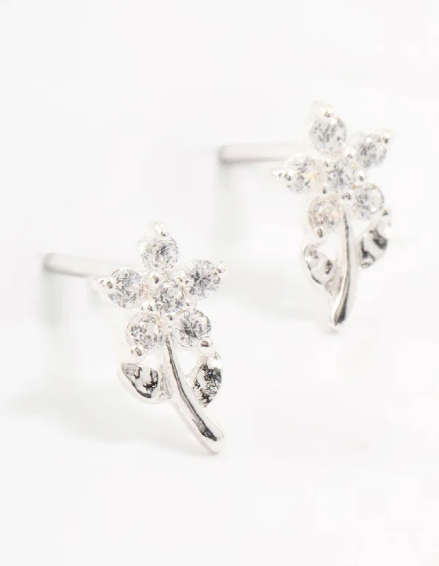 Light wood earrings-Sterling Silver Cubic Zirconia Flower Stem Earrings