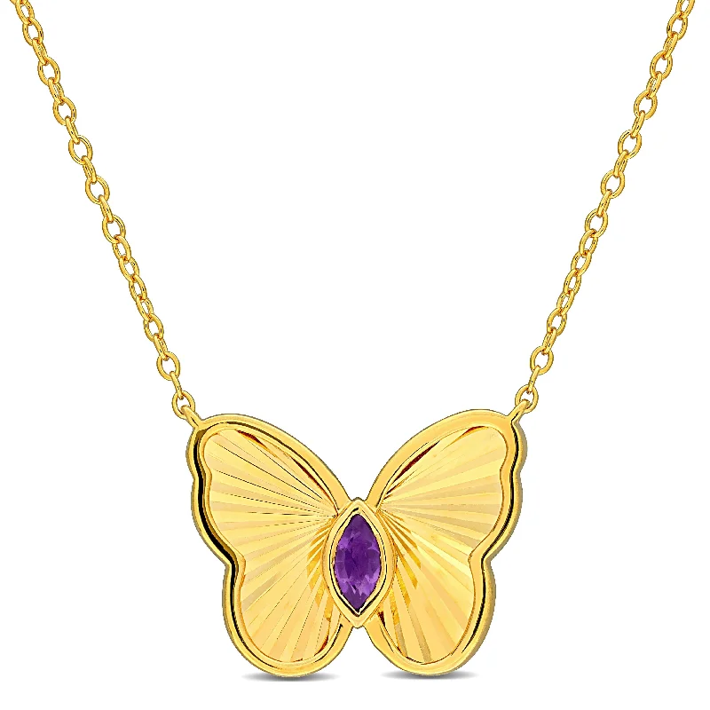 Spring clasp necklaces-Miadora 1/8ct TGW Marquise-Cut Amethyst Butterfly Necklace with Chain in Yellow Silver-17 in