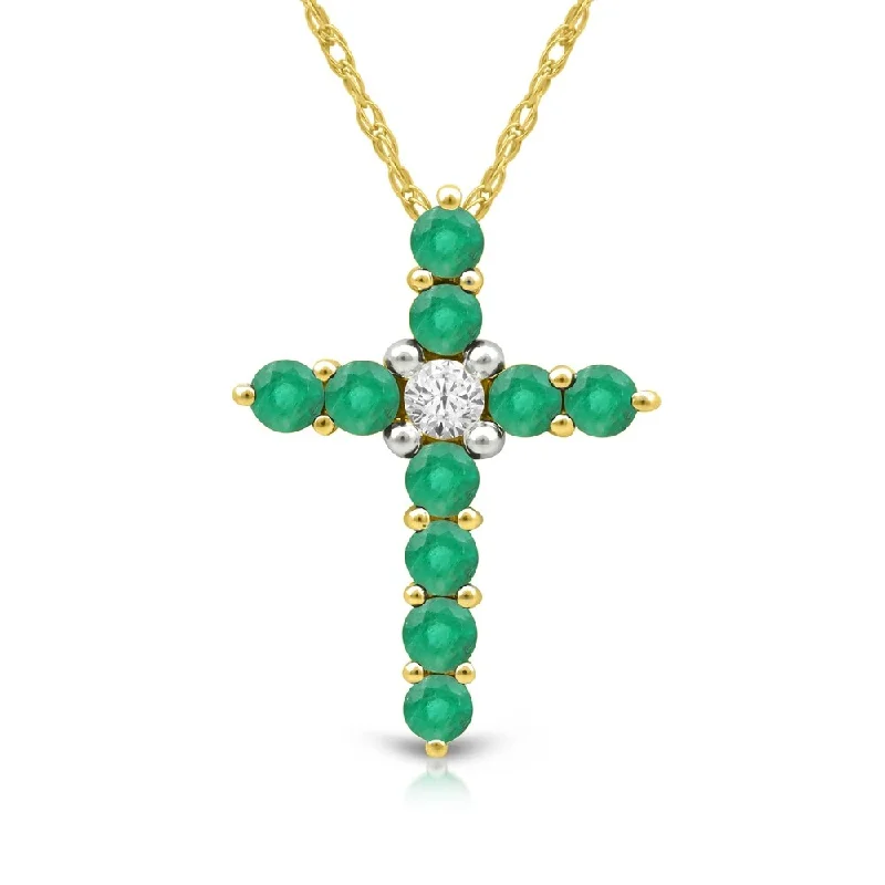 Worn medallion necklaces-1/20ct TDW Diamond Emerald Gemstone Cross Necklace in 10k Yellow Gold