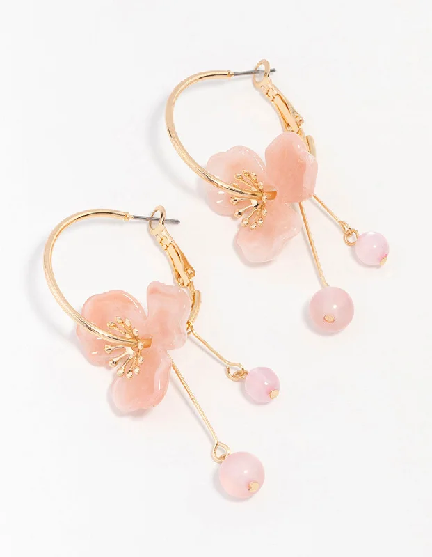 Vibrant enamel earrings-Gold Peach Acrylic Flower Beaded Hoop Earrings