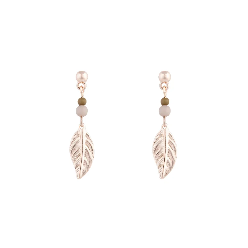 Onyx gem earrings-Rose Gold Textured Leaf Drop Earrings