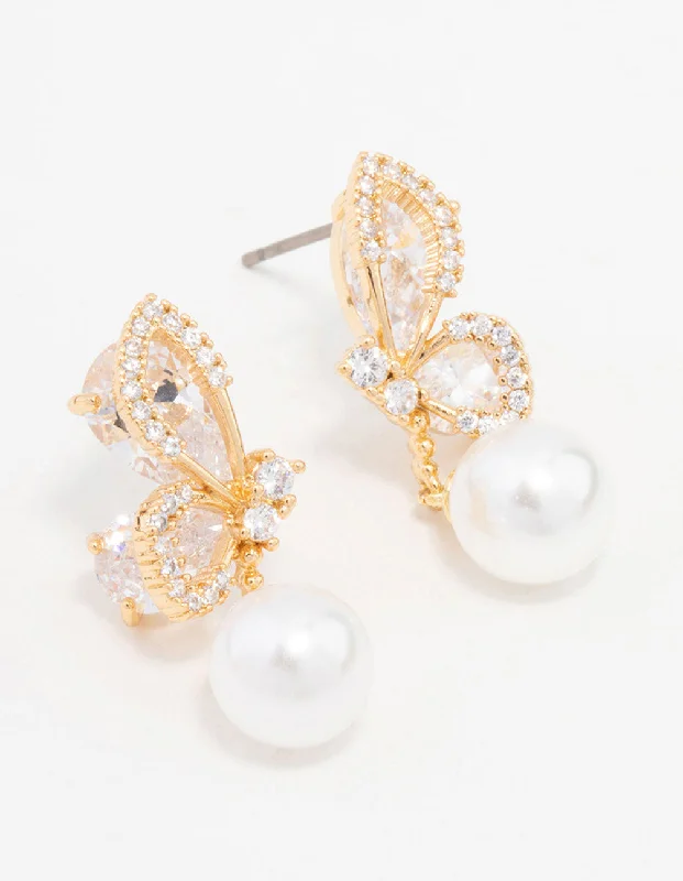 Oval dangle earrings-Gold Plated Cubic Zirconia Butterfly Pearl Drop Earrings