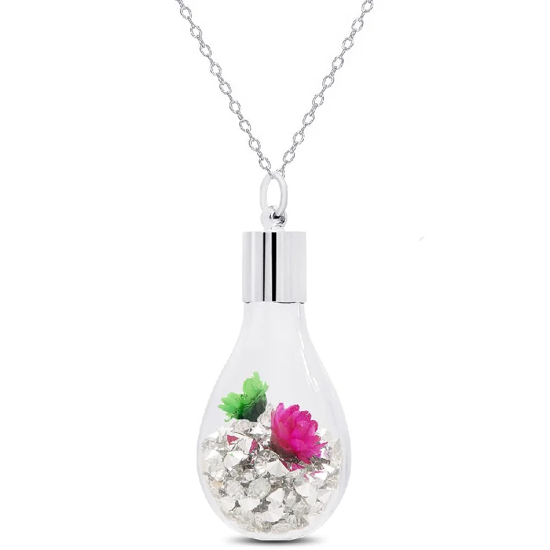 Smooth pendant necklaces-Dolce Giavonna Silvertone Crystal and Flower Filled Glass Jar Necklace