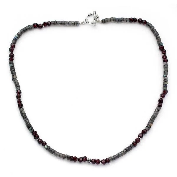 Antique bronze necklaces-Handmade Labradorite and Garnet Beaded Necklace, 'Orissa Harmony' (India)