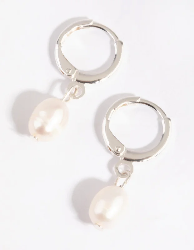 Pure stud earrings-Silver Freshwater Pearl Huggie Hoop Earrings