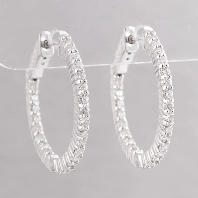 Retro clip earrings-14k White Gold Diamond In & Out Hoop Earrings 1.09ctw - Snap Closure