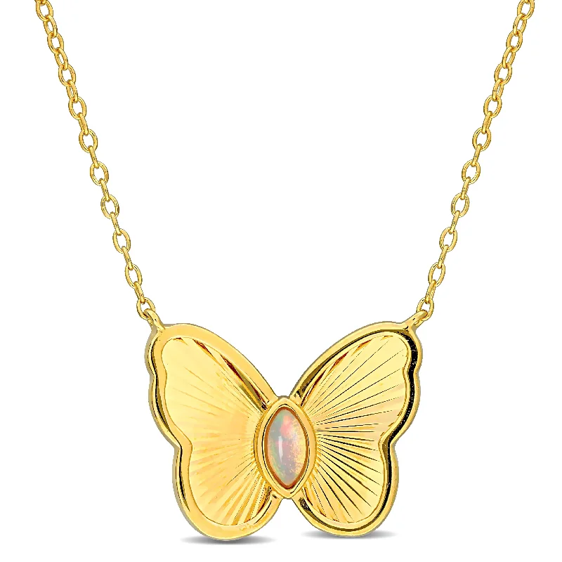 Thick bar necklaces-Miadora 1/10ct TGW Ethiopian Blue Opal Butterfly Necklace in Yellow Silver-17in