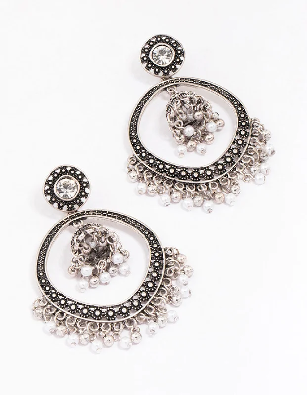 Bold cross earrings-Antique Silver Beaded Ball Drop Earrings