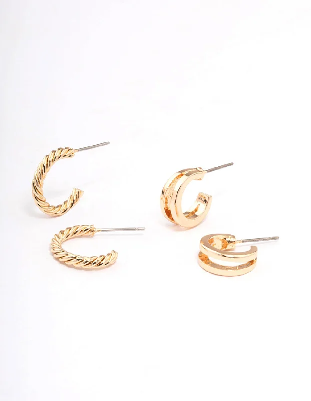 Twine bead earrings-Gold Double Hoop & Spiral Earring Pack