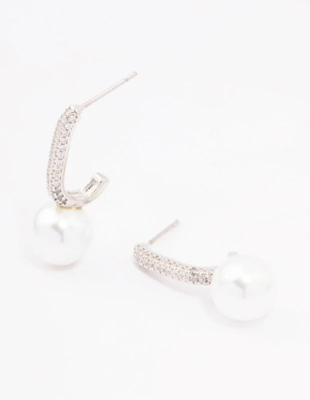 Half moon earrings-Silver Cubic Zirconia Small Pearl Drop Earrings