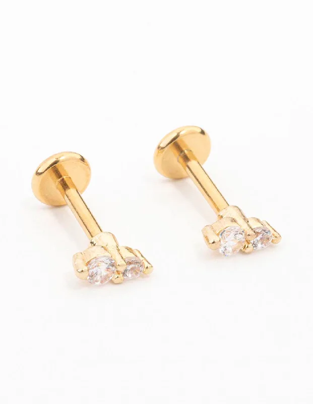 Vivid druzy earrings-Gold Plated Surgical Steel Cubic Zirconia Double Flat Back 2-Pack