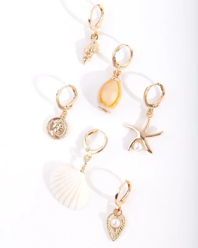 Wide statement earrings-Gold Starfish Huggie Earring Pack