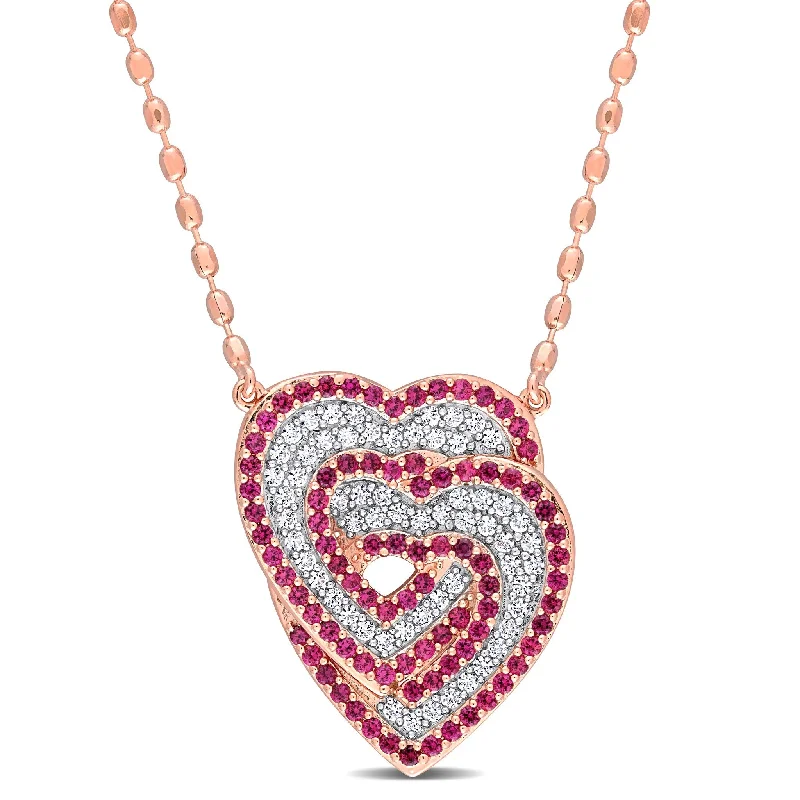 Baroque pearl necklaces-Miadora 1 3/4ct TGW Created White Sapphire Created Ruby Heart Necklace Rose Silver