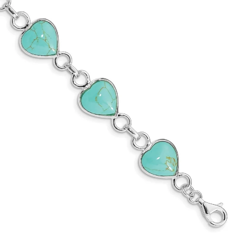 Chunky stone bangles-Curata 925 Sterling Silver Polished Open back Fancy Lobster Closure Love Heart shaped Created Simulated Turquoise Bracelet 7