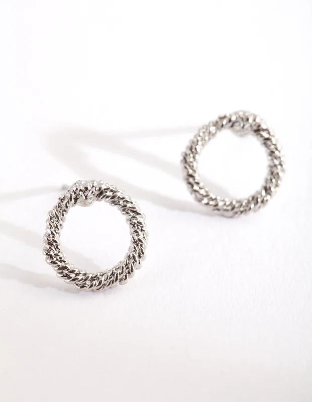 Glossy silver earrings-Silver Open Textured Circle Stud Earrings