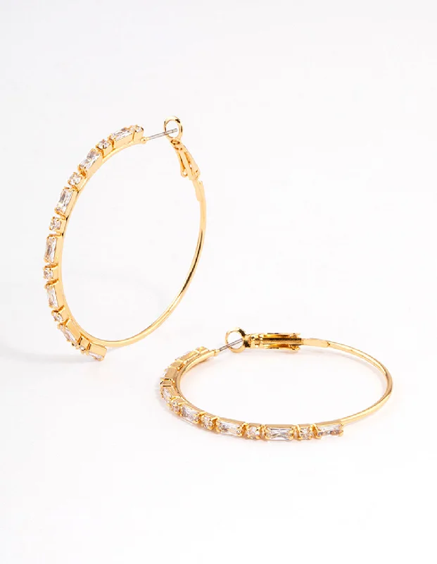 Subtle dangle earrings-Gold Plated Round & Baguette Large Hoop Earrings