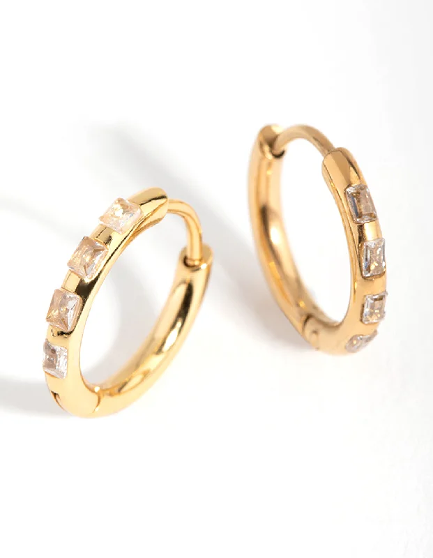 Wide statement earrings-24 Carat Gold Plated Surgical Steel Diamante Huggie Earrings