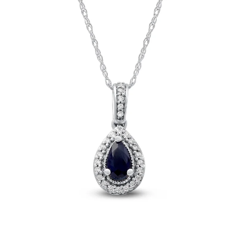 Alloy metal necklaces-Blue Sapphire Gemstone 1/20ct TDW Diamond Halo Pendant Necklace in 10k White Gold