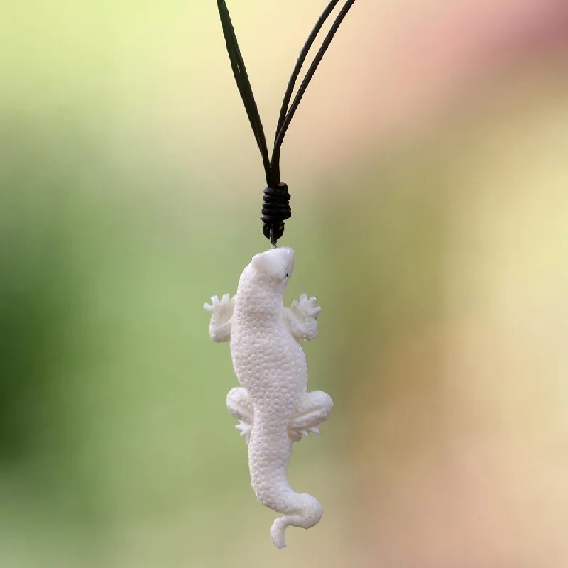 Thin filigree necklaces-Handmade Leather 'White Lizard Totem' Necklace (Indonesia)