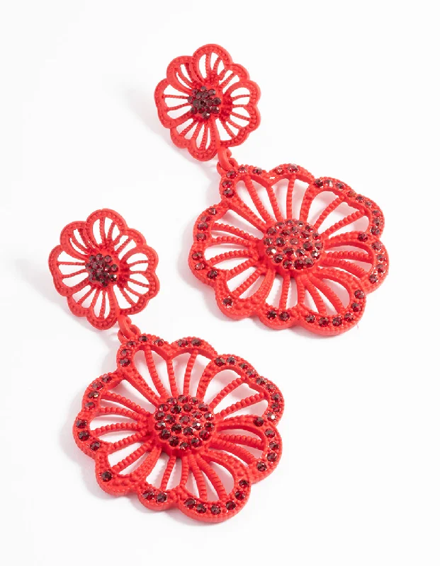 Vintage flair earrings-Red Diamante Flower Drop Earrings