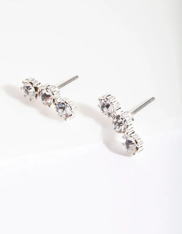 Tiny star earrings-Silver 3 Crystal Crawler Stud Earrings