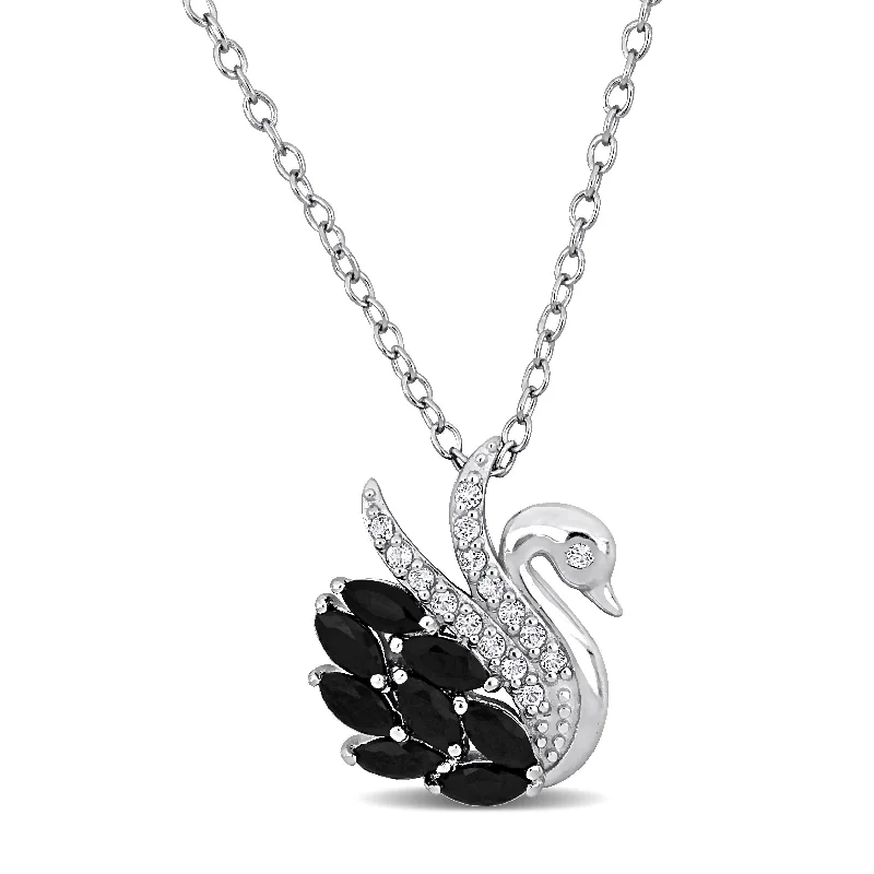 Leaf motif necklaces-Miadora 1 2/5ct TGW Black Spinel and White Topaz Swan Necklace in Sterling Silver-18+2in