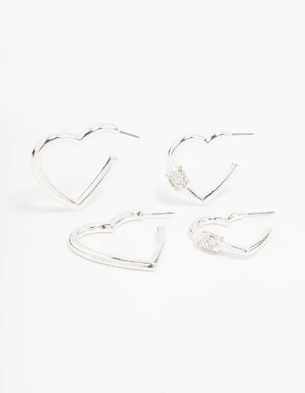 Topaz stone earrings-Silver Heart Hoop Earrings 2-Pack