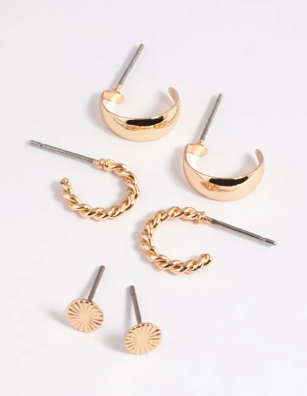 Polished bead earrings-Gold Plain & Twist Stud Earring Pack