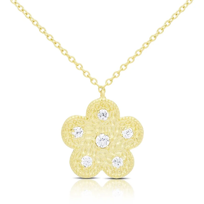 Vine braid necklaces-Samantha Stone Gold Over Silver Hammered Cubic Zirconia Flower Necklace