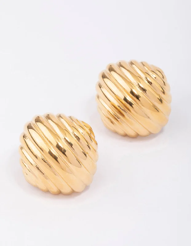 Wide hoop earrings-Waterproof Gold Plated Stainless Steel Croissant Textured Stud Earrings